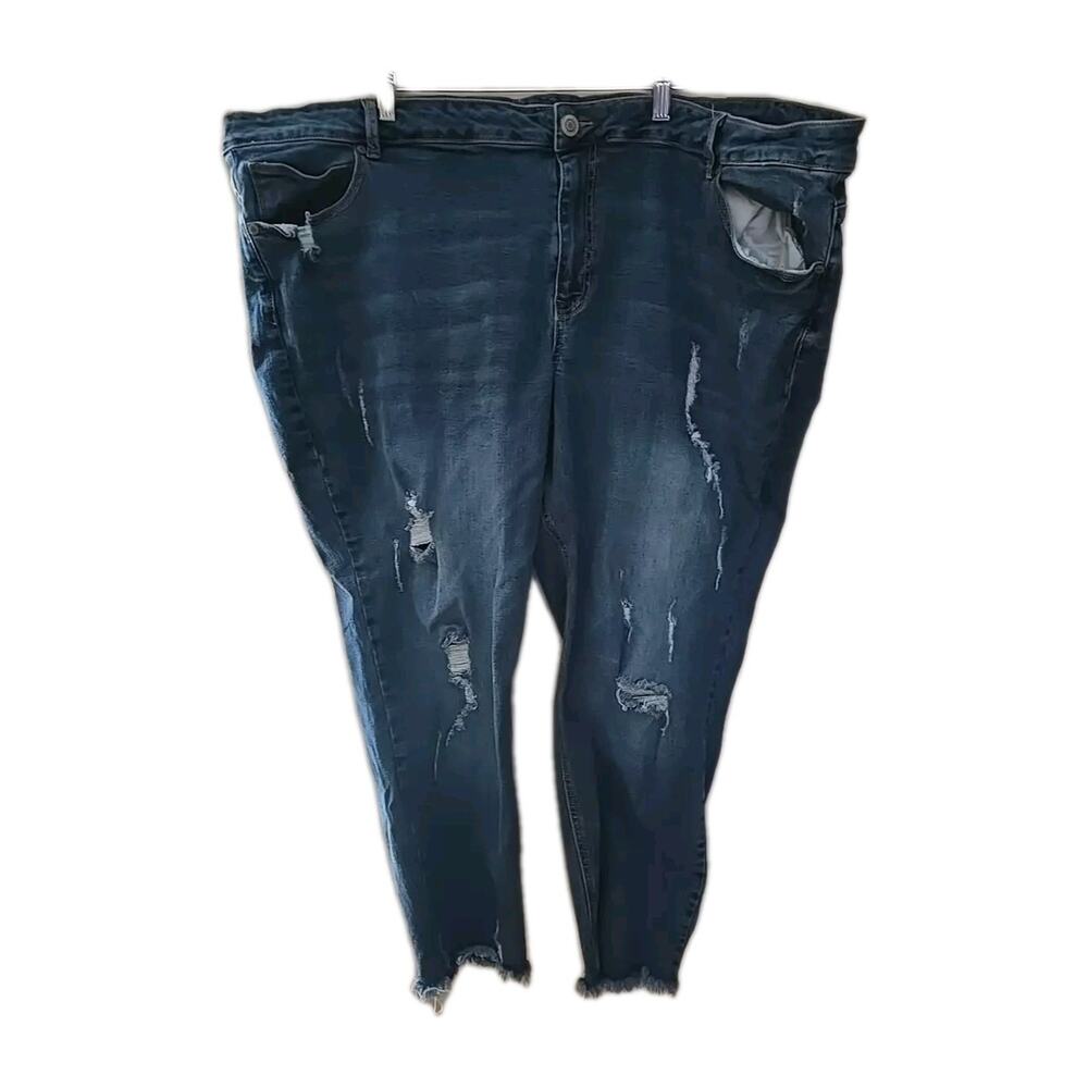 Eloquii Blue Denim Skinny High Rise Raw Hem Distressed Jeans Womans Size 28
